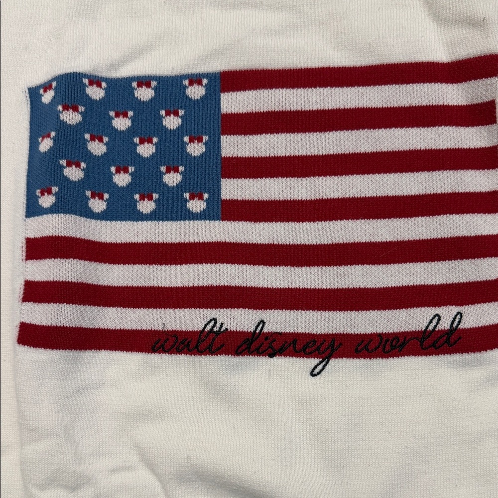 Disney Women's White Sweater with Flag Design  (light staining as pictured)